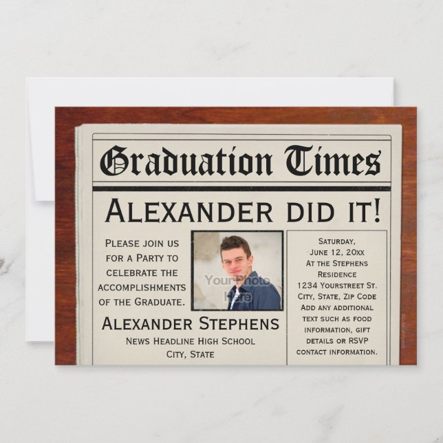Personalised Photo Newspaper Graduation Party Invitation (Front)