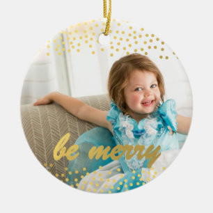 Personalised photo ornament be merry gold