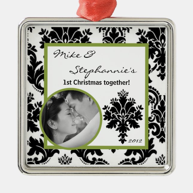 Personalised Photo Ornament Black Green Damask (Front)