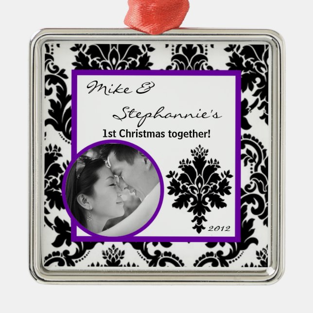 Personalised Photo Ornament Black Purple Damask (Front)