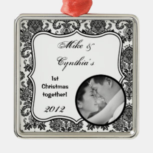 Personalised Photo Ornament Black White Damask Lac