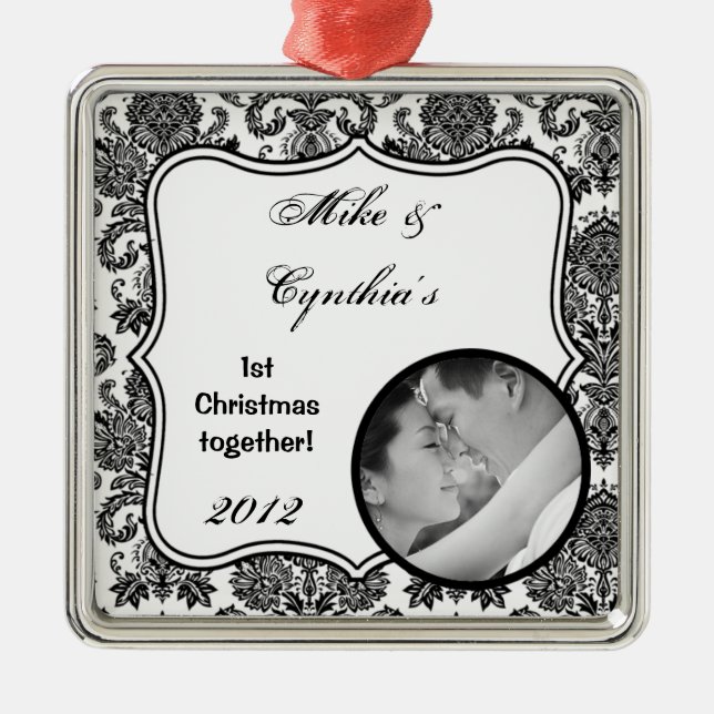 Personalised Photo Ornament Black White Damask Lac (Front)