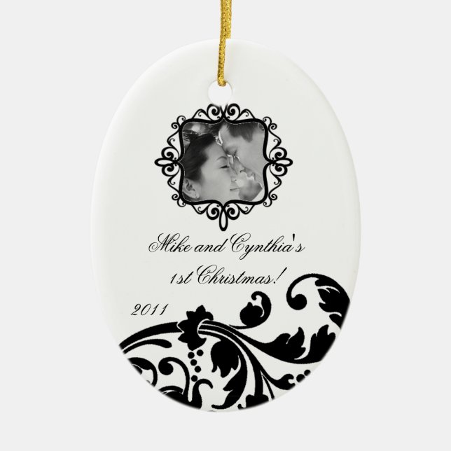 Personalised Photo Ornament Black White Floral (Front)