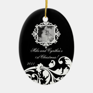 Personalised Photo Ornament Black White Floral