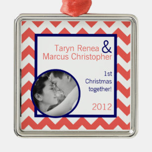 Personalised Photo Ornament Coral Navy Blue Chevro