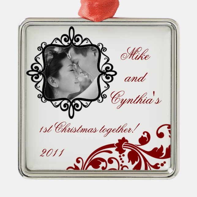 Personalised Photo Ornament Crimson Red Floral (Front)