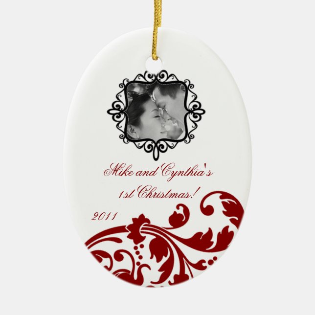 Personalised Photo Ornament Crimson Red Floral (Front)