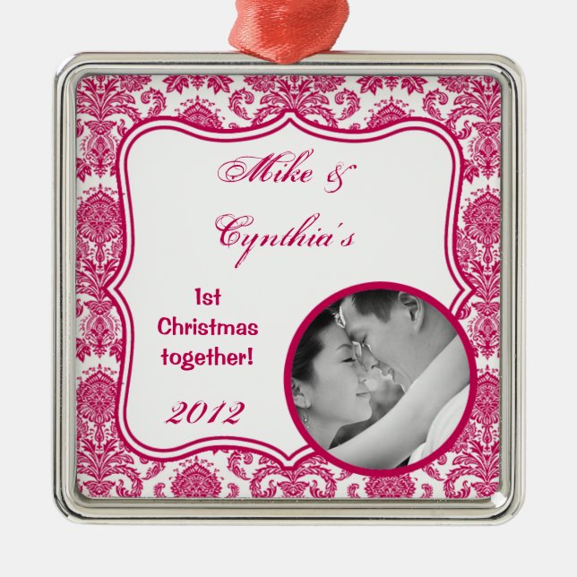 Personalised Photo Ornament Fusia White Damask Lac (Front)