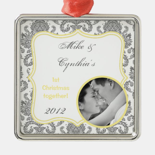 Personalised Photo Ornament Grey Yello Damask Lace (Front)