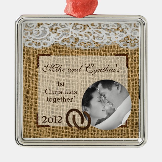Personalised Photo Ornament Horse Shoes on Burlap (Front)