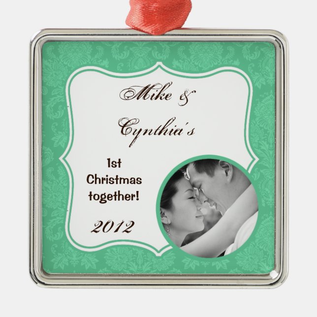 Personalised Photo Ornament Mint White Damask Lace (Front)