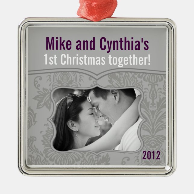 Personalised Photo Ornament Modern Grey Damask (Front)