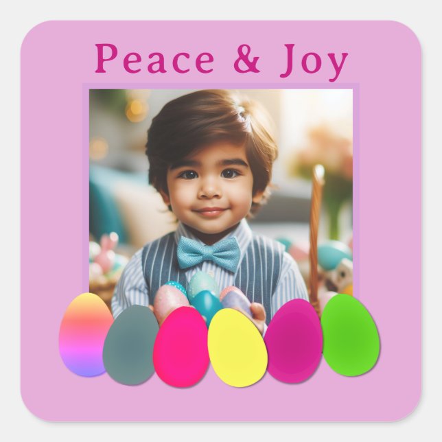 Personalised Photo Peace Joy Coloured Eggs Easter  Square Sticker (Front)
