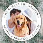 Personalised Photo Pet Dog Just Married Wedding Classic Round Sticker<br><div class="desc">Add the finishing touch to your dog wedding announcements with these custom photo, and personalised 'My Humans Got Married stickers. Customise with your favourite photo,  names and date. COPYRIGHT © 2020 Judy Burrows,  Black Dog Art - All Rights Reserved. Personalised Photo Pet Dog Just Married Wedding Classic Round Sticker</div>