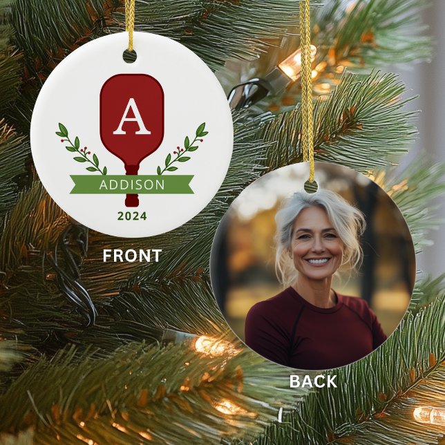 Personalised Photo Pickleball Christmas Ornament (Front + Back on a Ceramic Circle Ornament)