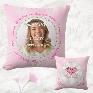 Personalised Photo Pillow, Pink Birthday Presents Cushion
