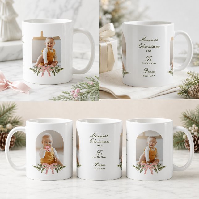 Personalised Photo Pink Bow Greenery Christmas Coffee Mug (Creator Uploaded)