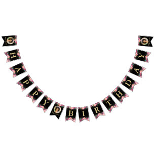 Personalised Photo Pink Floral Black Gold Birthday Bunting