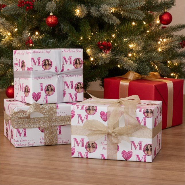 Personalised Photo Pink Floral Lettering Heart Mum Wrapping Paper (Creator Uploaded)