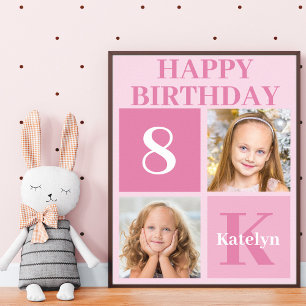 Personalised Photo Pink Girls Happy Birthday Party Poster