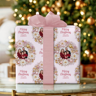 Personalised Photo Pink & Gold Christmas Wreath Wrapping Paper
