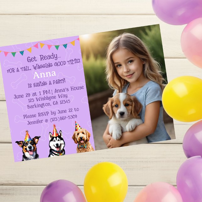 Personalised Photo Purple Puppy Birthday Paw-ty Invitation (Creator Uploaded)