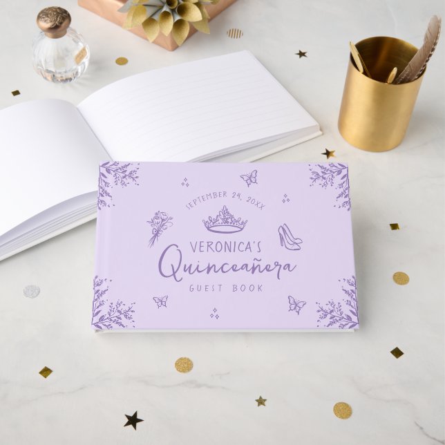 Personalised Photo Purple Quinceanera Guest Book (Front Open)