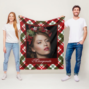 Personalised Photo Red and Green Plaid  Fleece Blanket