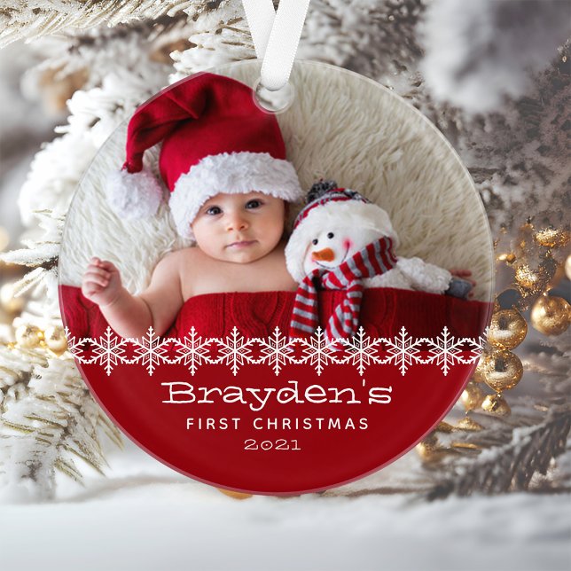 Personalised Photo Red White Babys First Christmas Ornament (Creator Uploaded)