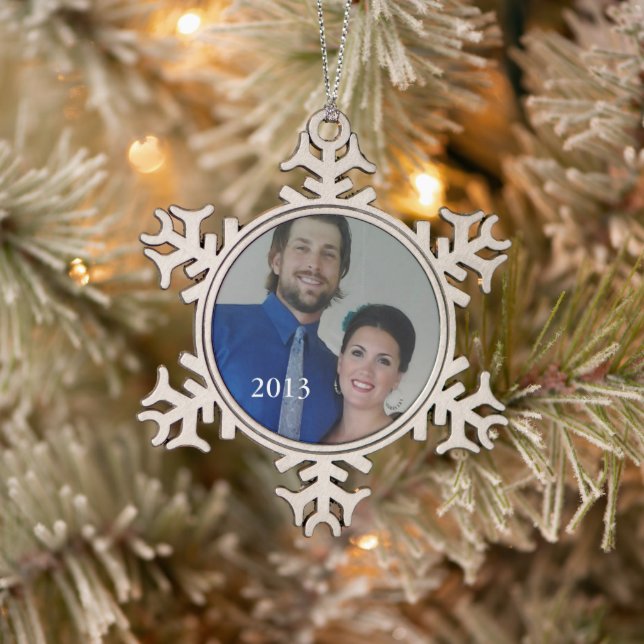 Personalised Photo Retro Garland Couple's Photo Snowflake Pewter Christmas Ornament (Tree)
