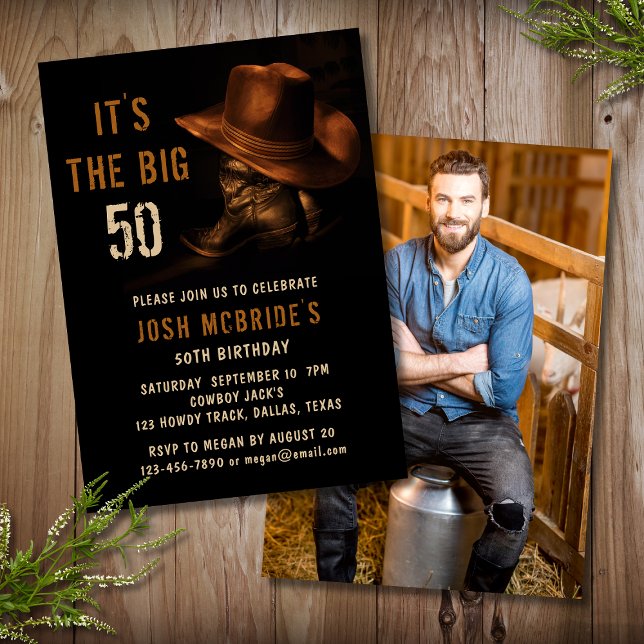 Personalised Photo Rustic Cowboy 50th Birthday Invitation (Creator Uploaded)