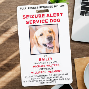 Personalised Photo Seizure Alert Service Dog ID Badge