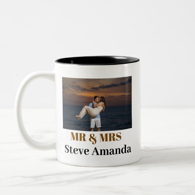 Personalised Photo Simple Modern Stylish Mr & Mrs  Two-Tone Coffee Mug (Left)