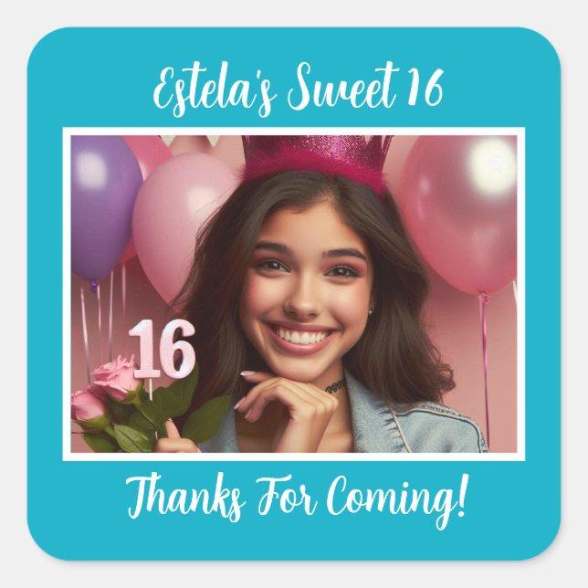 Personalised Photo Sweet 16th Birthday Thank You Square Sticker (Front)