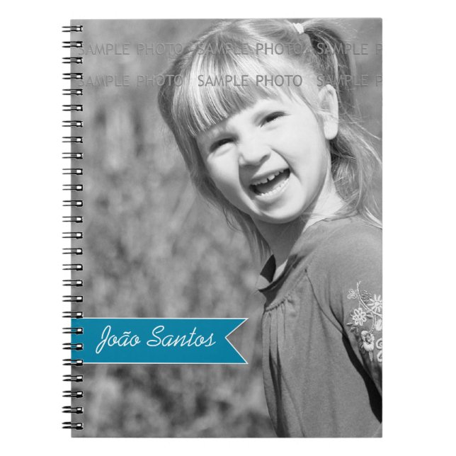 Personalised Photo Teal Blue Banner Custom Name Spiral Notebook (Front)