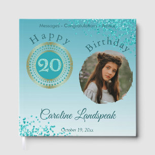 Personalised Photo Teal Blue Glitter 20th Birthday Guest Book