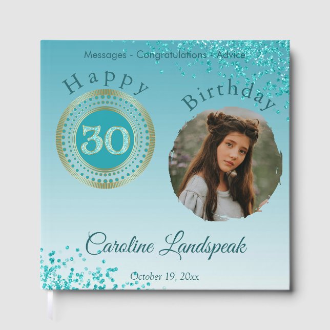 Personalised Photo Teal Blue Glitter 30th Birthday Guest Book (Front)