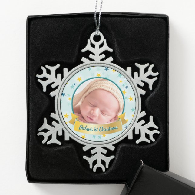 Personalised Photo Teal Celestial Snowflake Pewter Christmas Ornament (Box)