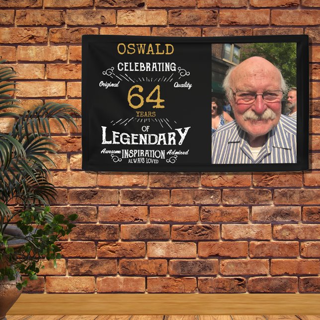 Personalised Photo Template Dad Birthday Legendary Banner (Birthday wall banner in black and gold. Photo template and personalized text.)
