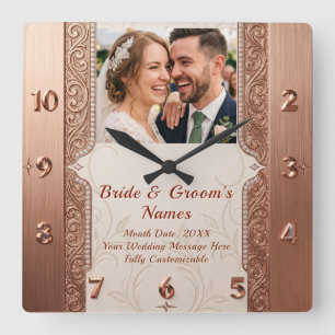 Personalised photo text Luxury Wedding Gift Wood Square Wall Clock