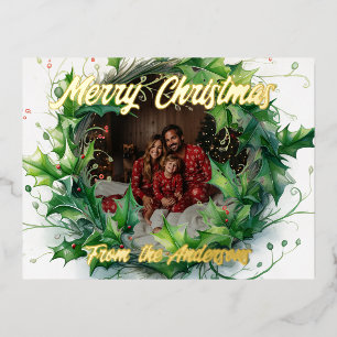 Personalised Photo Watercolor Holly Wreath Foil Holiday Postcard