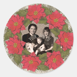 Personalised Photo Watercolor Poinsettia Wreath Classic Round Sticker