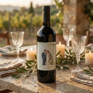 Personalised Photo Wedding Olive Branch Saga Green Wine Label