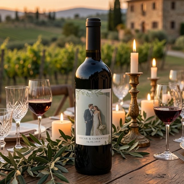 Personalised Photo Wedding Olive Branch Wine Label (Creator Uploaded)