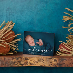 Personalised Photo Welcome Script Overlay Baby Plaque