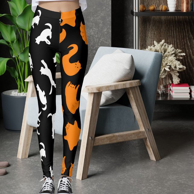 Personalised Photo White Black Orange Cat Pattern Leggings (Creator Uploaded)