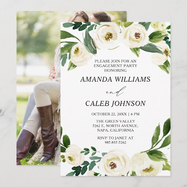 Personalised Photo White Flowers Engagement Party Invitation (Front/Back)