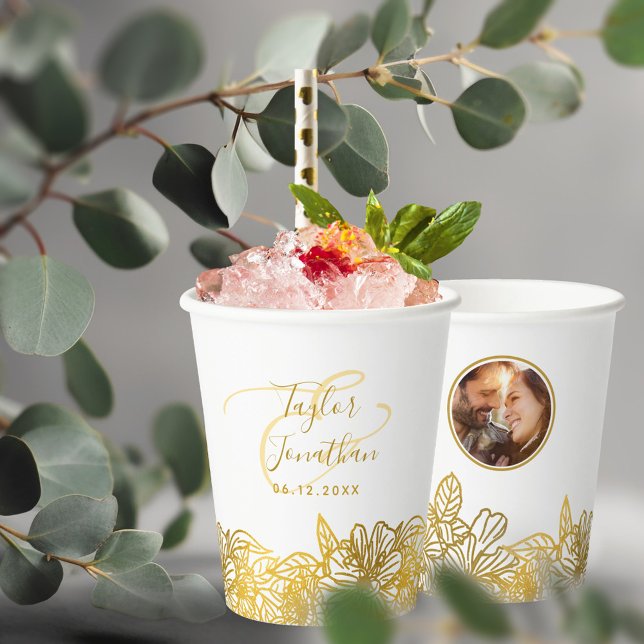 Personalised Photo White Gold Flowers Chic Wedding Paper Cups (Creator Uploaded)