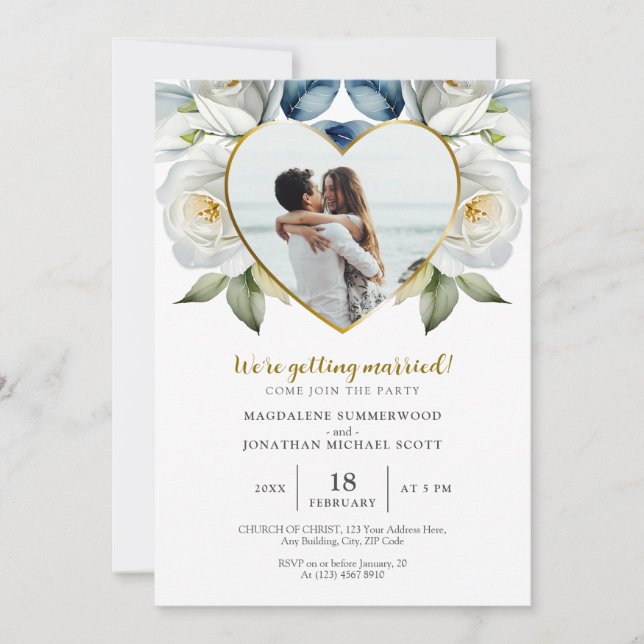 Personalised Photo White Roses & Heart Frame Invitation (Front)