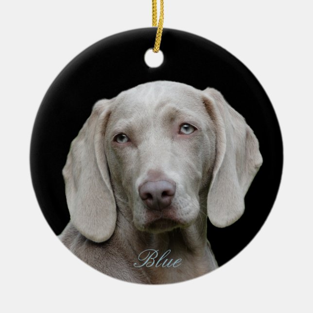 Personalised Photo with Blue Eyed Weimaraner Ceramic Tree Decoration (Front)